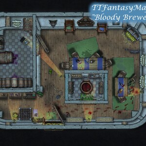 May include: A top-down view of a fantasy tavern interior with a large cauldron of red liquid, a wooden table with a blue tablecloth, and a chest full of gold coins. The room is decorated with wooden barrels, chairs, and a rug. The text "TTFantasyMaps "Bloody Brewer"" is visible in the top right corner.