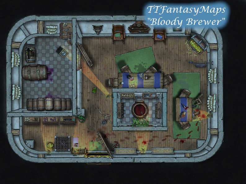 May include: A top-down view of a fantasy tavern interior with a large cauldron of red liquid, a wooden table with a blue tablecloth, and a chest full of gold coins. The room is decorated with wooden barrels, chairs, and a rug. The text "TTFantasyMaps "Bloody Brewer"" is visible in the top right corner.