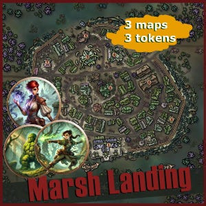 DND Swamp Village, cidade artesanal do pântano, taverna e mapa de batalha para RPGs de mesa de fantasia, VTTs, conjunto Oneshot para DnD, Pathfinder2, Daggerheart etc.