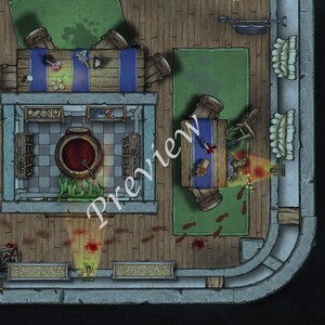 May include: A top-down view of a room with a wooden floor and a blue rug. There is a table with a blue tablecloth and a pot of red liquid on the floor. There are blood splatters on the floor and a overturned chair.