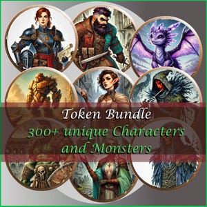 Könnte beinhalten: Eine Sammlung von Charakter- und Monster-Markern für Tabletop-Rollenspiele. Die Marker zeigen eine Vielzahl von Fantasy-Kreaturen, darunter einen Drachen, einen Golem, einen menschlichen Krieger, einen menschlichen Zauberer und eine Person mit Kapuze. Die Marker sind für die Verwendung mit Tabletop-Rollenspielen wie Dungeons & Dragons gedacht. Token Bundle 300+ unique Characters and Monsters