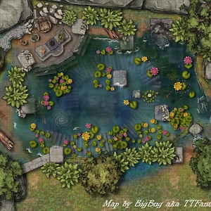 Sunken Shrine Battle Map, DnD Battle Map, Lost Shrine, DnD Combat Encounter, D&D, Dungeons and Dragons 5e, Roll20, Foundry, VTT, Digital Map