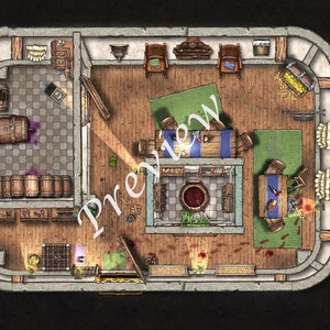 May include: A top-down view of a tavern interior with a wooden floor, tables, chairs, and barrels. There is a large pot in the center of the room, and a chest of gold coins in the upper right corner. Bloodstains are visible on the floor, and a knife lies on one of the tables.