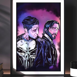 May include: Framed artwork featuring two figures in a comic book style. One figure is wearing a black leather jacket with a skull emblem, the other is in a black jacket. The background has purple and pink hues. The artwork is displayed on a black surface.