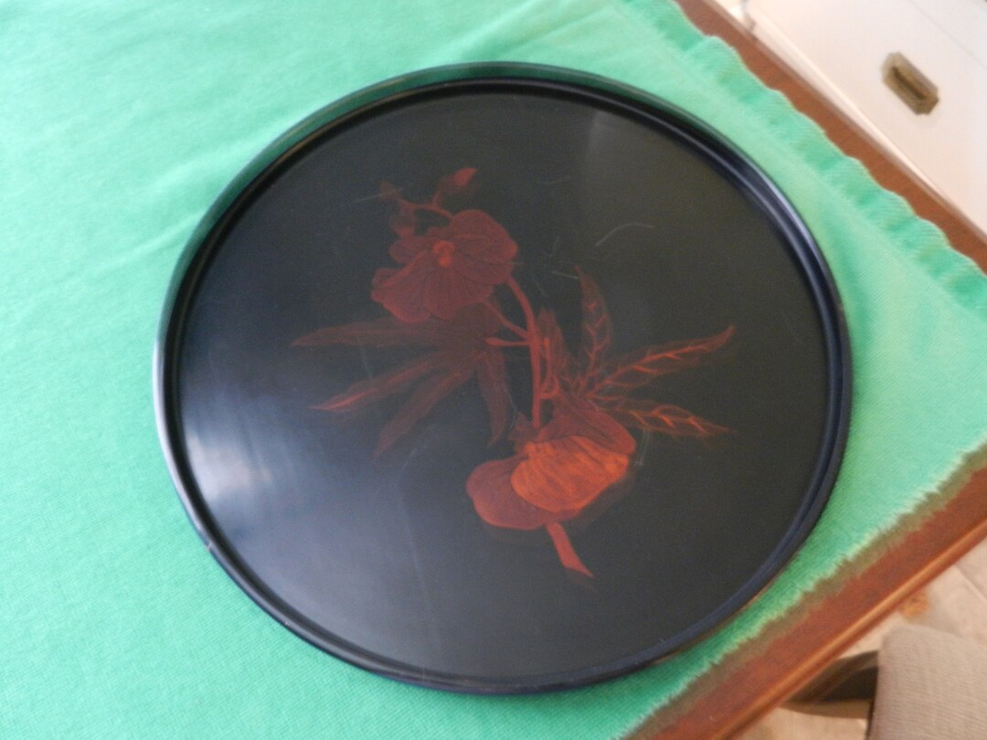 Black Lacquer Tray 13 in Round With Bamboo and Floral Motif Vintage