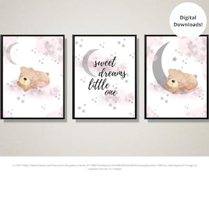 Sweet Dreams Little One, Dream Big Little One, Nursery Wall Art, Bear and Clouds, Pink, Digital Download, Printable Wall Art