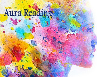 May include: An artistic illustration featuring a side profile of a person's face overlaid with colorful watercolor paint splatters. The words "Aura Reading" are displayed in a dark blue font across the top of the image. The color palette includes yellow, blue, pink, and green.