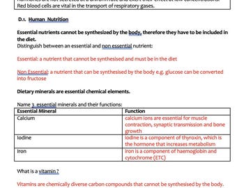 Puede incluir: Una tabla con una lista de minerales esenciales y sus funciones, incluyendo calcio, yodo y hierro. La tabla también incluye una lista de vitaminas liposolubles y solubles en agua y sus funciones.