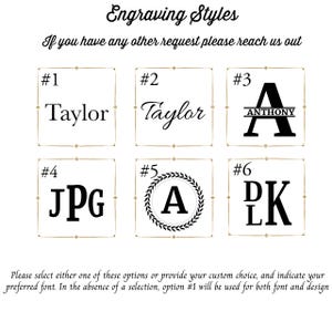 May include: An image displaying six engraving styles with text examples. The text includes names and initials in different fonts, such as "Taylor" and "A". The image also features the text "Engraving Styles" and instructions.