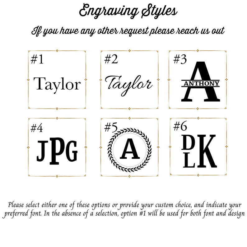 May include: An image displaying six engraving styles with text examples. The text includes names and initials in different fonts, such as "Taylor" and "A". The image also features the text "Engraving Styles" and instructions.