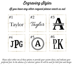 K&ouml;nnte beinhalten: Sechs verschiedene Gravurstile f&uuml;r personalisierte Artikel. Die Stile sind von 1 bis 6 nummeriert. Stil 1 zeigt den Namen "Taylor" in einer einfachen Schriftart. Stil 2 zeigt den Namen "Taylor" in einer dekorativeren Schriftart. Stil 3 zeigt den Namen "Anthony" in einer Blockschrift mit einer Linie &uuml;ber und unter den Buchstaben. Stil 4 zeigt die Initialen "JPG" in einer Blockschrift. Stil 5 zeigt den Buchstaben "A" in einem Kreis mit einem Lorbeerkranz darum. Stil 6 zeigt die Initialen "DK" in einer Blockschrift.