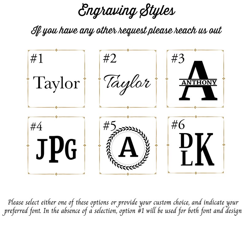 K&ouml;nnte beinhalten: Sechs verschiedene Gravurstile f&uuml;r personalisierte Artikel. Die Stile sind von 1 bis 6 nummeriert. Stil 1 zeigt den Namen "Taylor" in einer einfachen Schriftart. Stil 2 zeigt den Namen "Taylor" in einer dekorativeren Schriftart. Stil 3 zeigt den Namen "Anthony" in einer Blockschrift mit einer Linie &uuml;ber und unter den Buchstaben. Stil 4 zeigt die Initialen "JPG" in einer Blockschrift. Stil 5 zeigt den Buchstaben "A" in einem Kreis mit einem Lorbeerkranz darum. Stil 6 zeigt die Initialen "DK" in einer Blockschrift.