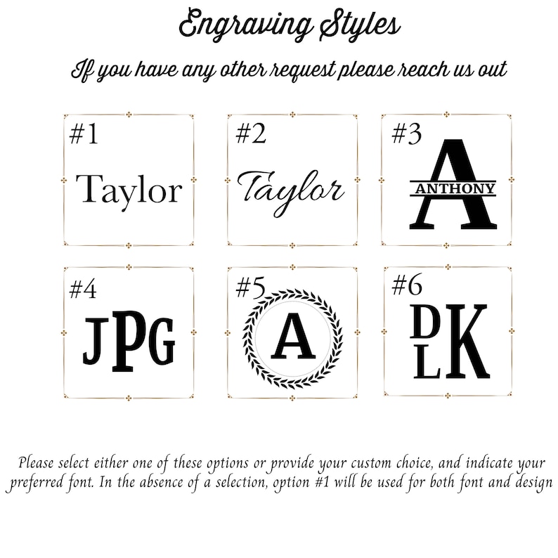 Pode incluir: Seis estilos de grava&ccedil;&atilde;o diferentes para itens personalizados. Os estilos s&atilde;o numerados de 1 a 6. O estilo 1 mostra o nome "Taylor" em uma fonte de escrita simples. O estilo 2 mostra o nome "Taylor" em uma fonte de escrita mais decorativa. O estilo 3 mostra o nome "Anthony" em uma fonte de bloco com uma linha acima e abaixo das letras. O estilo 4 mostra as iniciais "JPG" em uma fonte de bloco. O estilo 5 mostra a letra "A" em um c&iacute;rculo com uma coroa de louro ao redor. O estilo 6 mostra as iniciais "DK" em uma fonte de bloco.