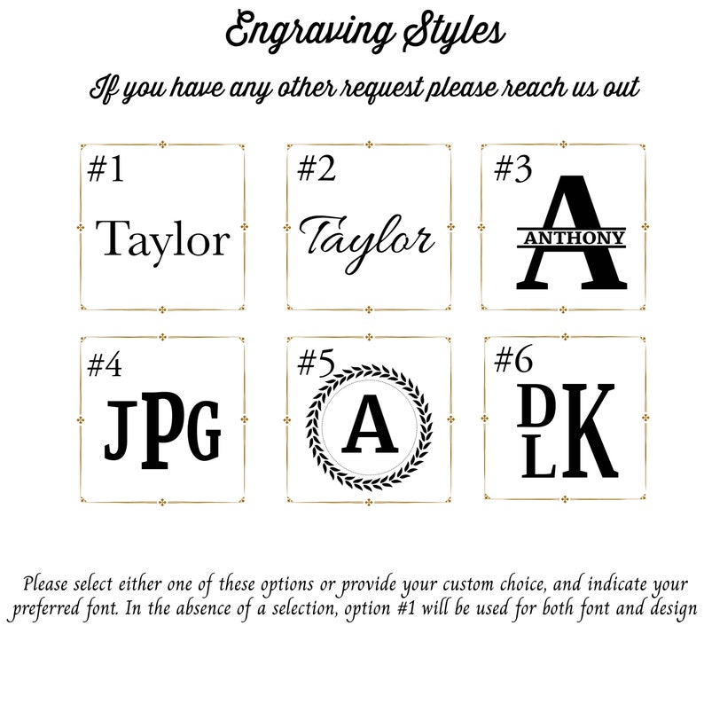 Pu&ograve; includere: Sei diversi stili di incisione per articoli personalizzati. Gli stili sono numerati da 1 a 6. Lo stile 1 mostra il nome "Taylor" in un semplice font corsivo. Lo stile 2 mostra il nome "Taylor" in un font corsivo pi&ugrave; decorativo. Lo stile 3 mostra il nome "Anthony" in un font a blocchi con una linea sopra e sotto le lettere. Lo stile 4 mostra le iniziali "JPG" in un font a blocchi. Lo stile 5 mostra la lettera "A" in un cerchio con una corona di alloro intorno. Lo stile 6 mostra le iniziali "DK" in un font a blocchi.