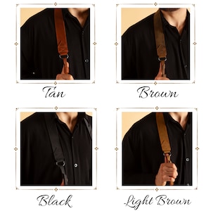 Pode incluir: Quatro al&ccedil;as de c&acirc;mera de couro em diferentes cores: bege, marrom, preto e marrom claro. As al&ccedil;as s&atilde;o mostradas em um modelo que est&aacute; usando uma camisa preta.