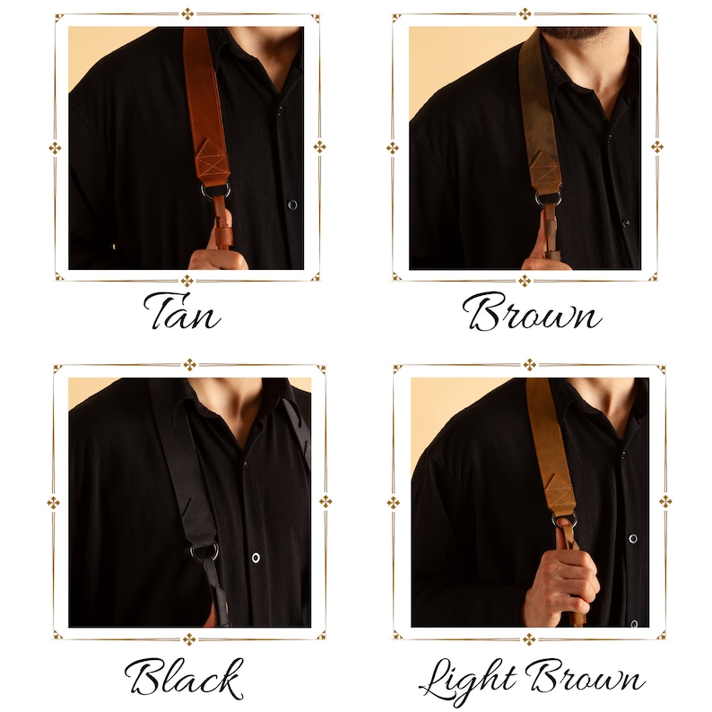 Pode incluir: Quatro al&ccedil;as de c&acirc;mera de couro em diferentes cores: bege, marrom, preto e marrom claro. As al&ccedil;as s&atilde;o mostradas em um modelo que est&aacute; usando uma camisa preta.