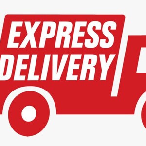 May include: Red delivery truck with the words "EXPRESS DELIVERY" on the side. The truck is moving quickly, as indicated by the red lines behind it.