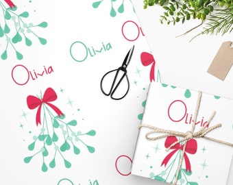 Custom Name Christmas Wrapping Paper, Personalized Mistletoe Wrapping Paper, Green Christmas Wrapping Paper, Customized Christmas Gift Wrap