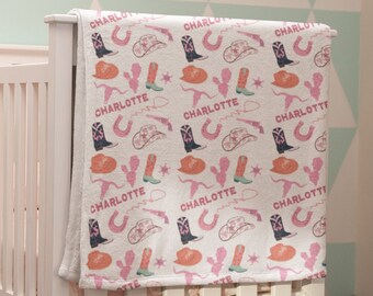 Personalized Pink Cowgirl Blanket, Custom Name Country Western Baby Bedding, Customized Cowgirl Baby Blanket, Cowgirl Nursery Decor