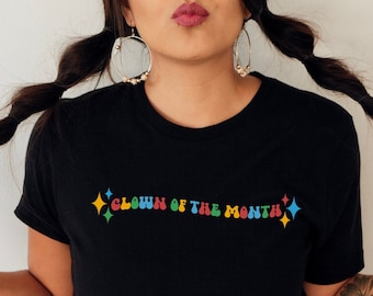 Clown of the month shirt, circus vibes, colorful 70s retro aesthetic, clowncore, kidcore tshirt, primary colors, funny depression meme award