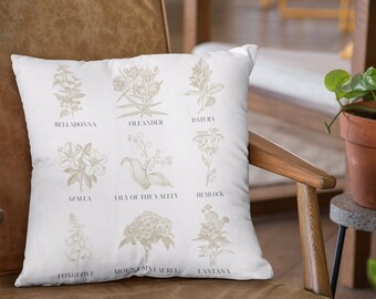 Botanical Pillow, Poisonous Plants Throw, Deadly Flowers Accent, Witchy Decor, Herbology, Dark Academia, cottagecore, flower line drawings