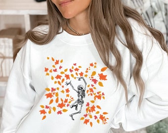 Dancing Skeleton Sweatshirt, Fall Leaves Sweatshirt, Funny Halloween Sweatshirt, Fall Skeleton Sweatshirt, Aesthetic Sweatshirt