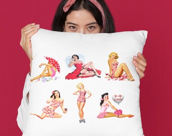Pinup pillow, Valentines day pillow, retro Valentines decor, pinup Valentines decor, pinup girl Valentines day, retro Valentine pillow