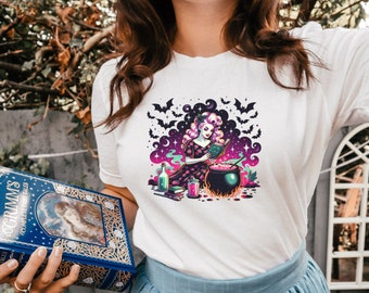 Witch Shirt, Pinup Girl Shirt, Witchy Vibes, Goth Aesthetic, Bats, Dark Cottagecore, Witchcore, Gothic, Magical Sorceress, Spooky Babe