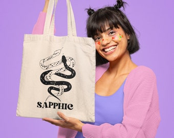 Sapphic Snakes Tote Bag, Lesbian Cotton Canvas Tote, Queer Clothing, Sappho Love, Celestial Snake, Mystical Witchy Vibes, Gay Pride, LGBTQIA