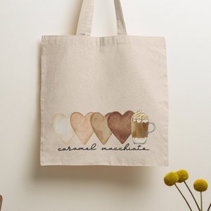 Caramel Macchiato watercolor hearts tote bag, cafe latte art reusable produce grocery bag, gift for coffee lover, Coffee Shop Barista Vibes