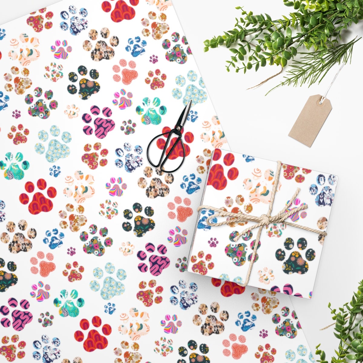 Paw Print Gift Wrapping Paper Roll, Watercolor Paw Prints, Bones, Hearts in  Muted Blue Brown Red Hues, Paw-some All Occasion Furry Friend 