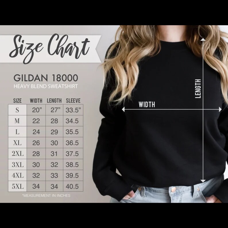 May include: Size chart for Gildan 18000 heavy blend sweatshirt. The chart shows measurements in inches for width, length, and sleeve length for sizes S through 5XL.