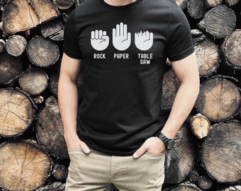 Rock Paper Tablesaw, funny woodworking Shirt, Female Woodworker Tshirt, Silly handyman repair guy dad joke, builder carpentry workshop gift