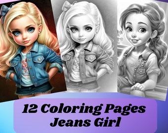 Coloring Pages for Adult Coloring Templates Grayscale Coloring Book Digital wall art grayscale page for instant download Jeans Girls