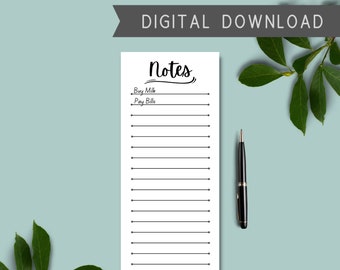 May include: A printable digital download of a white lined notes page with the word "Notes" written in black cursive at the top. The page has two lines of pre-written text: "Buy Milk" and "Pay Bills".