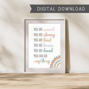 Affirmations Rainbow Wall Art, Digital Download, Nursery Decor, Kids Room Decor, Multiple Sizes, PNG, JPG, PDF