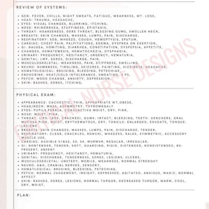 Peut inclure: Un formulaire de note de progression avec une liste de contrôle des symptômes et des résultats de l'examen physique. Le formulaire comprend des sections pour général, tête, yeux, nez, gorge, seins, respiratoire, cardiaque, GI, urinaire, génital, musculo-squelettique, neuro, hématologique, endocrinien, psych et peau. Le formulaire comprend également des sections pour les notes et un plan.