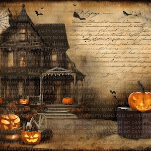 Casa stregata di Halloween primitiva con decorazione stampabile di Jack-o'-Lantern - Download digitale istantaneo