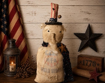 Primitive Uncle Sam Shelf Sitter | Rustic Americana Folk Art Doll | Patriotic Farmhouse Decor | Handmade Colonial Style Decoration