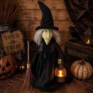 Witch Shelf Sitter, 17-Inch Primitive Folk Art Decor With Battery-Operated Lantern