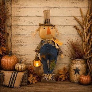 Corn Patch Jed  the Handmade Primitive Scarecrow Shelf Sitter with Lantern