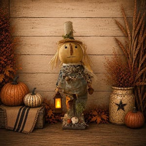 May include: A fabric scarecrow doll wearing a burlap hat and blue overalls, holding a small lantern with a glowing light. The doll features a tan round face with simple stitched facial details and straw hair, standing amidst pumpkins and dried wheat.