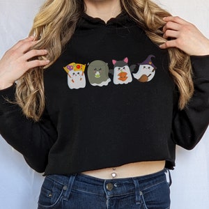 Halloween Ghost Crop Hoodie, Cute Fall Sweater, Gift for Her, Fleece Pullover, Funny Halloween Hoodie, Trick Or Treat Hoodie,Halloween Party