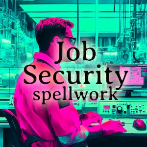 Puede incluir: Una persona con un mono rosa se sienta en una consola de computadora con el texto "Job Security spellwork" superpuesto en la imagen.