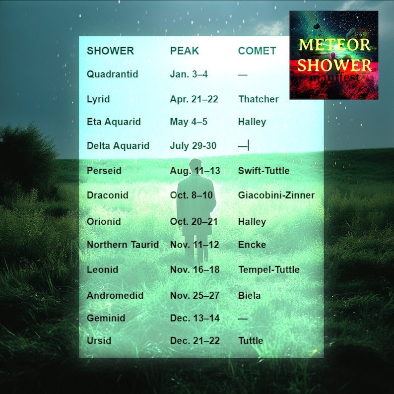 May include: A chart listing meteor showers and their peak dates, along with the associated comet. The chart is titled "Meteor Shower Manifest".