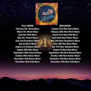 May include: A graphic with a red, orange, and yellow background featuring a moon with the words "Moon Manifest" in a circle around it. The graphic lists the full moon and new moon names and dates for each month of the year.