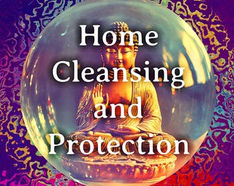 Puede incluir: Una estatua dorada de Buda dentro de una burbuja transparente con el texto "Home Cleansing and Protection" en letras blancas.