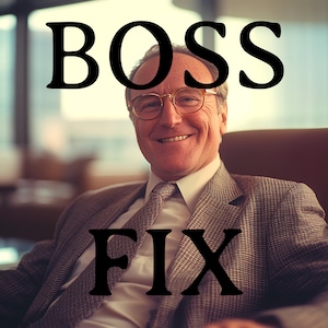 Op de afbeelding: Een man in een grijs colbert, wit overhemd en een gepatroneerde das glimlacht naar de camera. De woorden "BOSS FIX" zijn over de afbeelding gelegd.