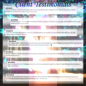 May include: A screenshot of a website with customer testimonials about spell casting services. The testimonials are positive and highlight the seller's professionalism, speed, and effectiveness. The text includes phrases like "amazing soul", "unmatched", "highly recommended", "fantastic job", "gifted and talented", and "genuine seller".