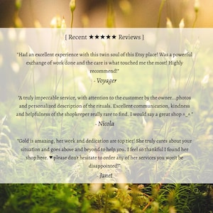 May include: Image displaying customer reviews against a blurred natural backdrop. The text reads "Recent Reviews" with five stars, followed by three customer testimonials praising the shop's service. Reviews are signed by Voyager, Nicola, and Janet.